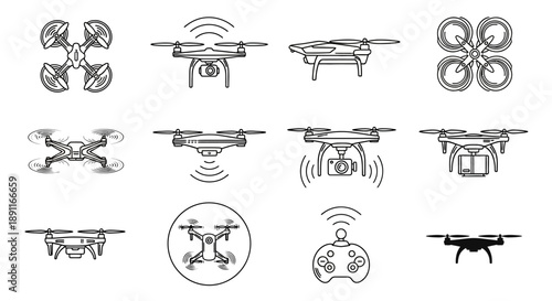 A collection of black and white drone icons and silhouettes, showcasing various designs and perspectives of unmanned aerial vehicles.