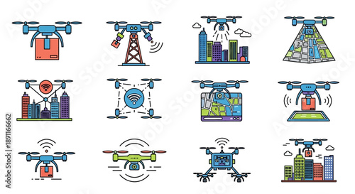 A collection of black and white drone icons and silhouettes, showcasing various designs and perspectives of unmanned aerial vehicles.
