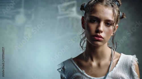 futuristic fashion portrait with cyberpunk streetwear, avant-garde editorial beauty with chrome sunglasses, modern luxury portrait in futuristic street style