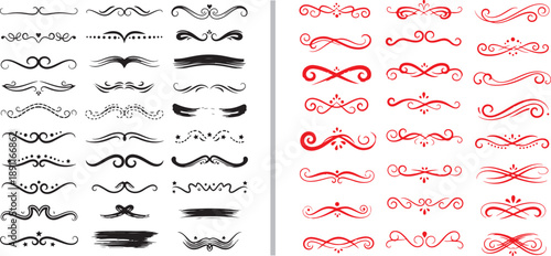 A collection of elegant vector flourishes and decorative dividers in black and red. These ornate calligraphic swirls and vintage scroll elements are perfect for formal invitations and headings.