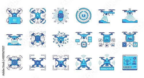 A collection of black and white drone icons and silhouettes, showcasing various designs and perspectives of unmanned aerial vehicles.