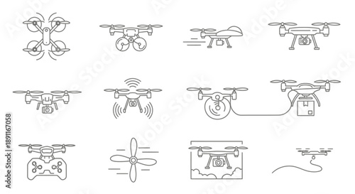 A collection of black and white drone icons and silhouettes, showcasing various designs and perspectives of unmanned aerial vehicles.