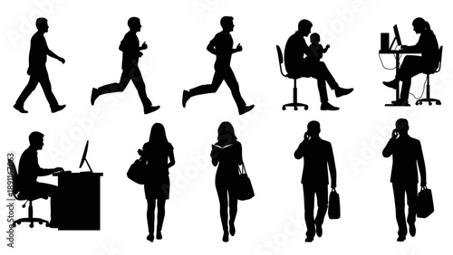 Silhouetted people engaged in various professional and leisure activities, walking, working, and relaxing in different poses and settings