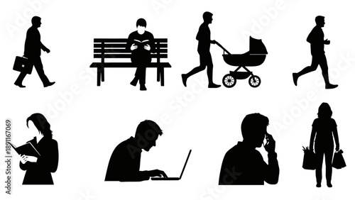 Silhouettes of people engaging in daily activities in various settings and environments from different viewpoints