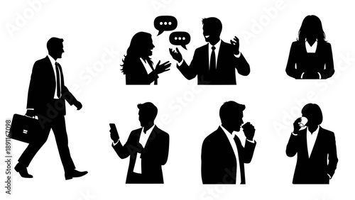 Professionals engaging in various communication activities on mobile devices in a modern office environment from a front viewpoint