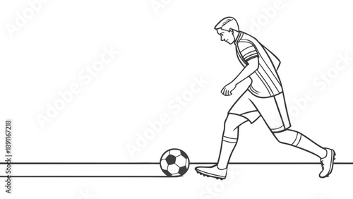 Continuous line drawing of a soccer player in action kicking a ball.