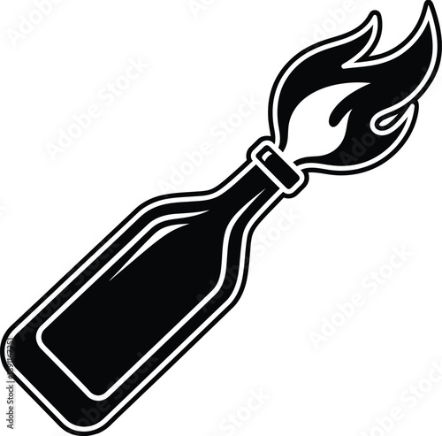 Black and white illustration of a bottle with a flame coming out of it