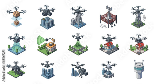 A collection of black and white drone icons and silhouettes, showcasing various designs and perspectives of unmanned aerial vehicles.