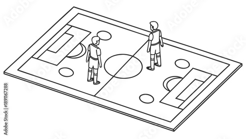 Isometric soccer field with two players on a white background.