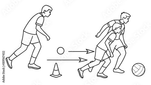 Illustration of soccer players practicing dribbling and ball control.