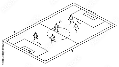 Simple black and white illustration of a soccer field with players in action.