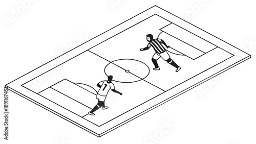 Isometric soccer field with players in action.