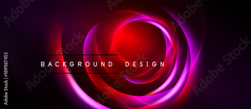 Abstract neon circles radiate from center. Dark background enhances vibrant pink, red hues. Text reads background design.