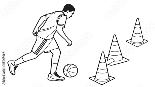 Basketball player dribbling around cones during training session.