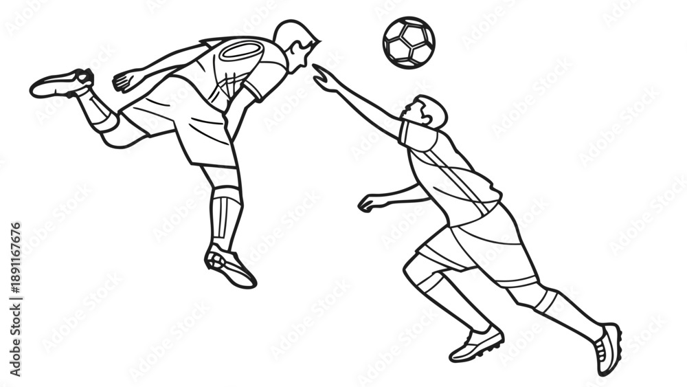 Fototapeta premium Two soccer players competing for the ball in mid-air.