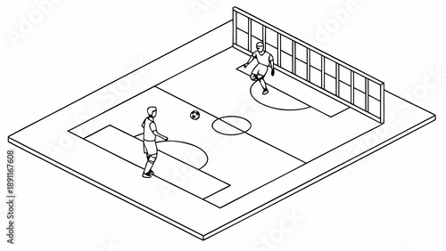 Isometric illustration of a soccer field with players in action.