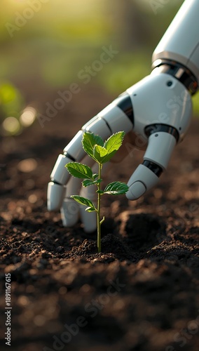 A robotic hand gently plants a small seedling in the fertile soil, symbolizing the future of agriculture and sustainable growth