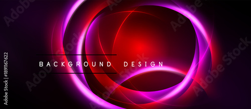 Abstract design features vibrant concentric circles. Red, purple hues create dynamic visual impact against black backdrop. Modern, sleek presentation.