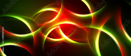 Abstract design features flowing curves, vibrant colors. Red, green, yellow hues blend, creating dynamic visual effect. Smooth gradients dominate composition.