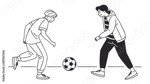 Two people playing soccer together in a friendly match.