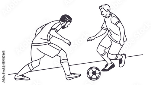 Two soccer players competing for the ball in a dynamic match scene.
