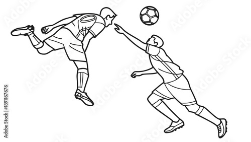Two soccer players competing for the ball in mid-air.