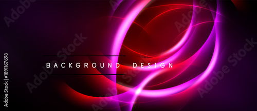 Abstract neon swirls, vibrant purple, red hues. Dark background emphasizes glowing lines, modern design element.