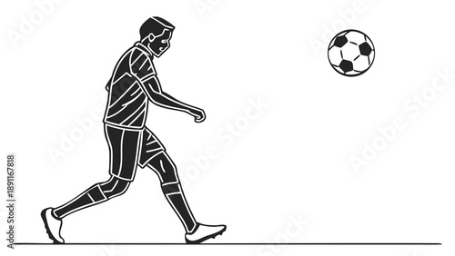 Black and white illustration of a soccer player kicking a ball.