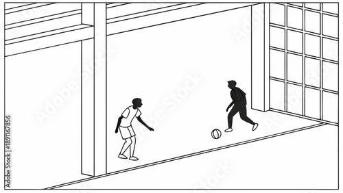 Two men playing football in a minimalist indoor court.
