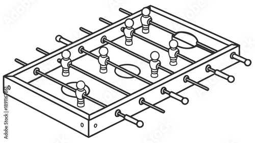 Detailed technical drawing of a foosball table with players and rods.
