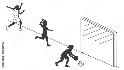 Soccer players in action near the goalpost.