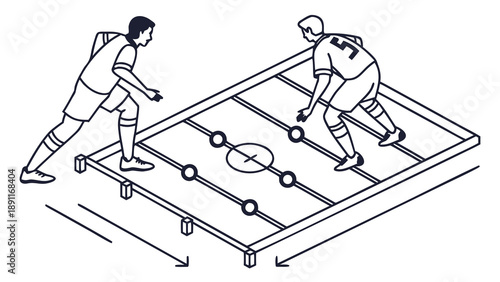 Two soccer players competing in a tabletop game of foosball.