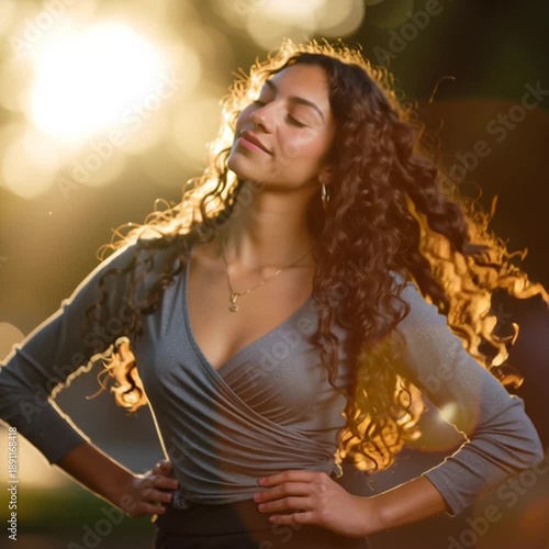 senior portrait of confident hispanic female student, elegant latina student portrait in golden hour light, empowering yearbook portrait of young hispanic woman
