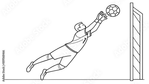 Goalkeeper diving to catch a soccer ball in a football match.