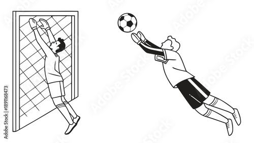 Black and white illustration of soccer goalkeeper catching ball.