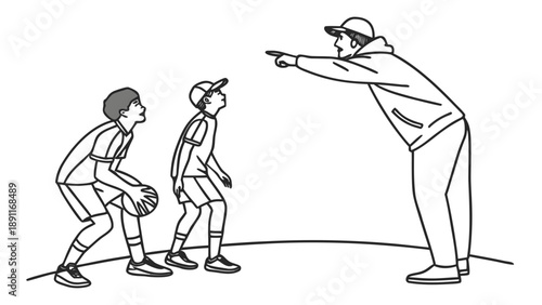 Baseball Coach Guiding Young Players on the Field.