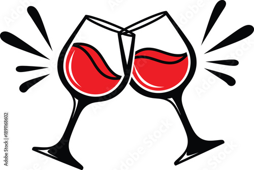 Two wine glasses clinking in a toast, stylized black and red graphic illustration