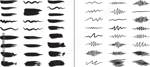 Comprehensive collection of black vector ink elements, featuring zigzag "Hand Liner" packs, organic wavy scribbles, thick marker brush strokes, and textured underlines on a clean white background.