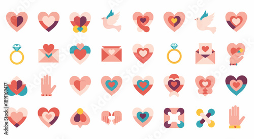 A collection of decorative heart icons and symbols with various themes including love, engagement, and communication, perfect for graphic design projects