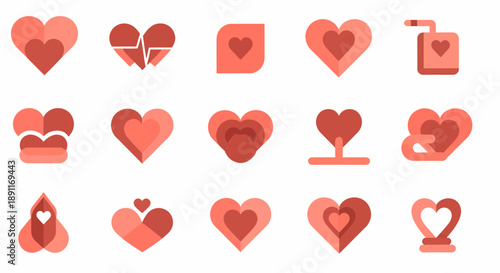 Set of heart icons, representing love, romance, and relationships in various artistic styles and forms, perfect for romantic themes and designs