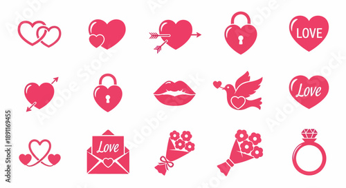 Set of pink heart-shaped icons for Valentine's Day, representing love, romance, and relationships, with elements like lips, doves, and rings