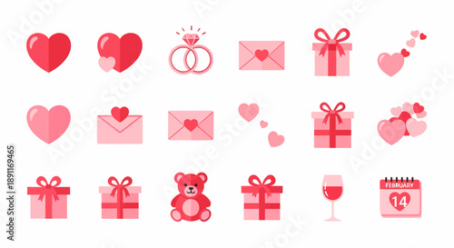 A charming collection of pink Valentine's Day icons, featuring hearts, gift boxes, envelopes, rings, and a teddy bear, perfect for romantic celebrations and expressing love