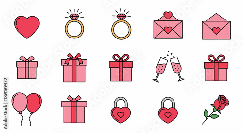 Charming collection of pink and red outline icons symbolizing love, romance, and celebration, ideal for Valentine's Day designs, wedding themes, and romantic digital content