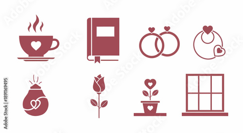 Collection of Valentine's Day and Love-themed icons including a heart, coffee cup, book, rings, rose, and window