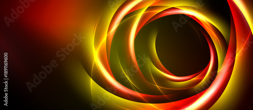 Abstract swirling lights, vibrant reds, oranges, yellows. Dynamic energy radiates from central point, dark background contrasts bright forms.