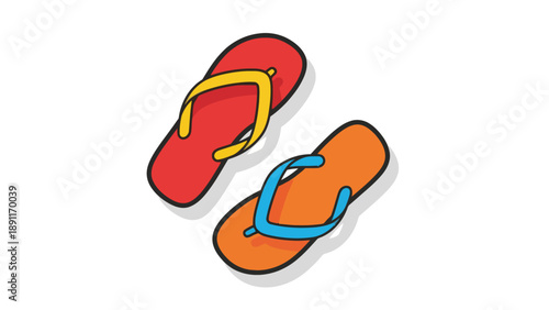 Two cartoon flipflops one red with yellow straps one orange with blue straps