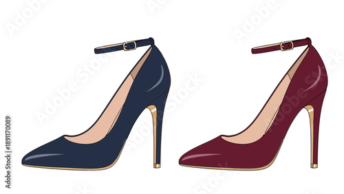 Two highheeled shoes one navy and one burgundy with ankle straps