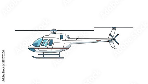 White helicopter with blue tinted windows and red accents