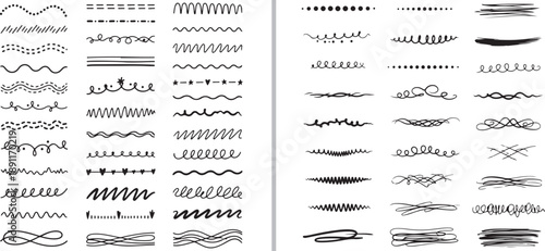 A collection of hand-drawn vector dividers and borders, featuring various styles like waves, zig-zags, loops, flourishes, and scribbles in black ink on a white background.