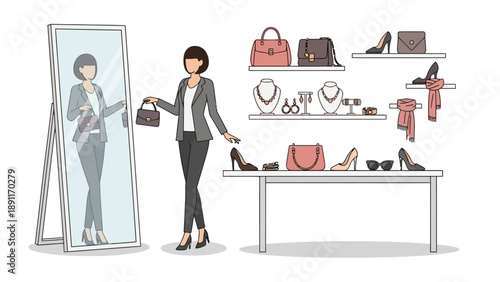Woman in a clothing store tries on a handbag